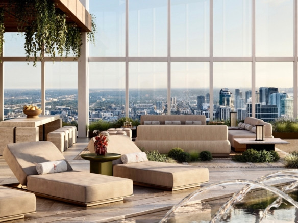 Miami River luxury penthouse setting showing the urban riverfront skyline during golden hour.