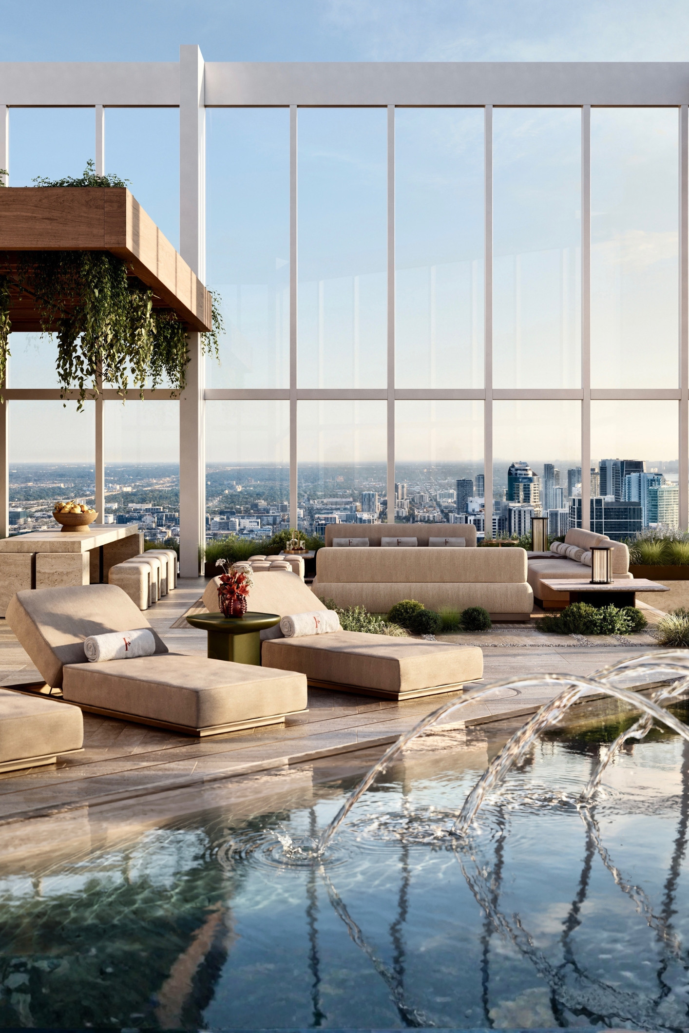 Miami River luxury penthouse setting showing the urban riverfront skyline during golden hour.