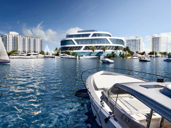 Aerial view of the Fort Lauderdale waterfront destination coastline along the Intracoastal Waterway at sunset.