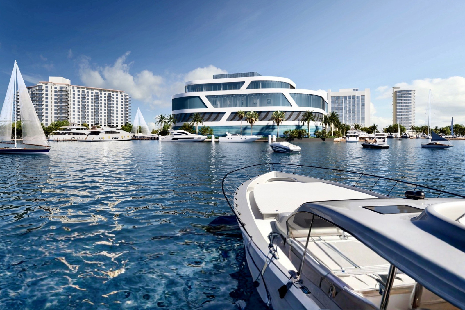 Aerial view of the Fort Lauderdale waterfront destination coastline along the Intracoastal Waterway at sunset.