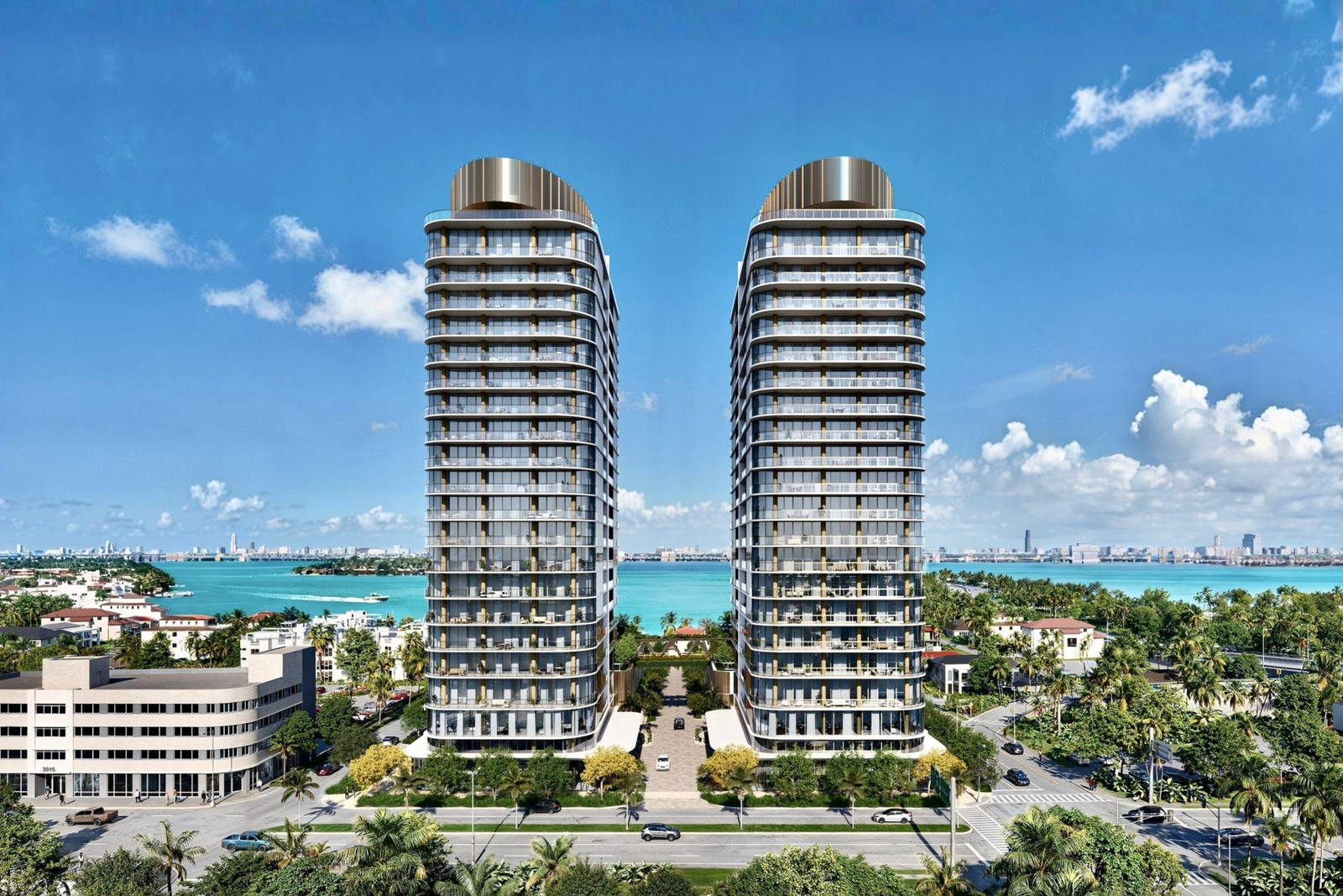 Streetscape near the Miami Design District residences showcasing modern architectural aesthetic and landscaping.