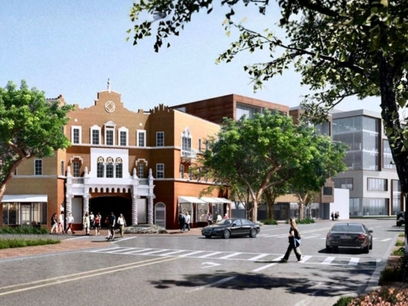 Streetscape in Miami featuring historic architecture near the Coconut Grove playhouse redevelopment site.