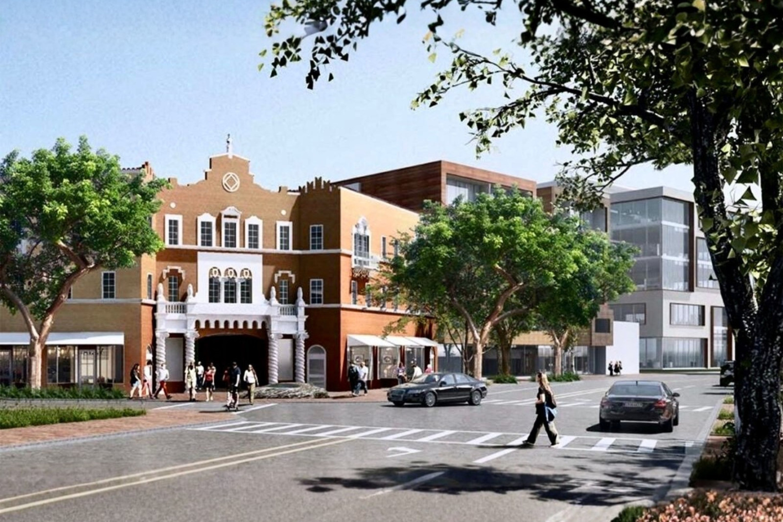 Streetscape in Miami featuring historic architecture near the Coconut Grove playhouse redevelopment site.