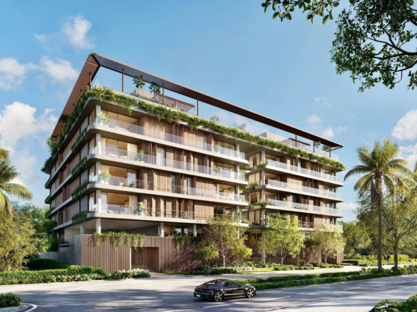 Modern residential streetscape in Miami featuring a South Brickell boutique condo during golden hour.