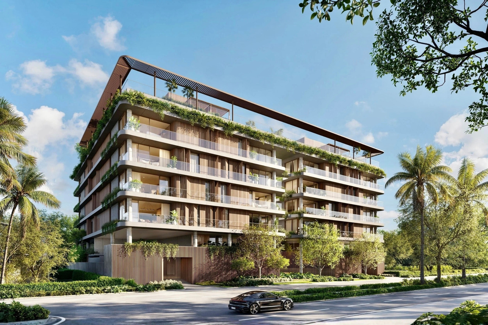 Modern residential streetscape in Miami featuring a South Brickell boutique condo during golden hour.