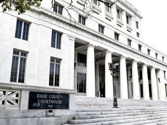 Exterior view of the Downtown Miami historic courthouse located along Flagler Street.