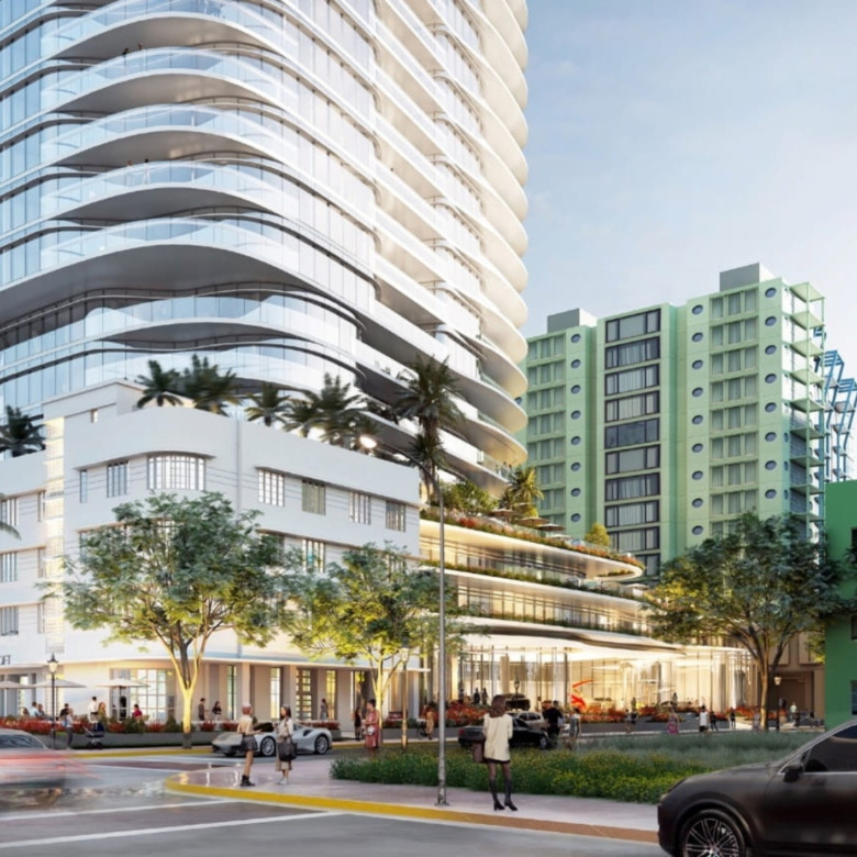 Streetview of Collins Avenue architecture in South Beach near a proposed Miami Beach condo tower site.
