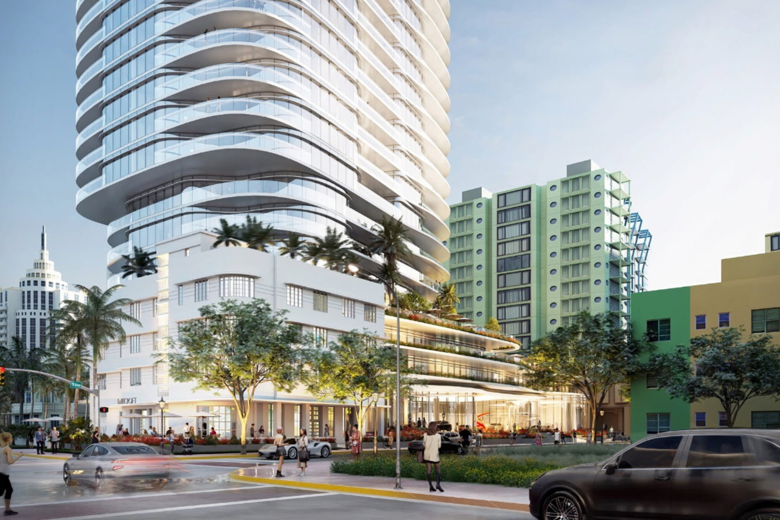 Streetview of Collins Avenue architecture in South Beach near a proposed Miami Beach condo tower site.