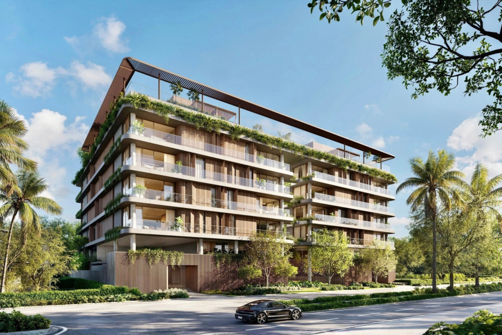 A peaceful coastal streetscape in Miami showcasing a South Brickell luxury condo area during golden hour.