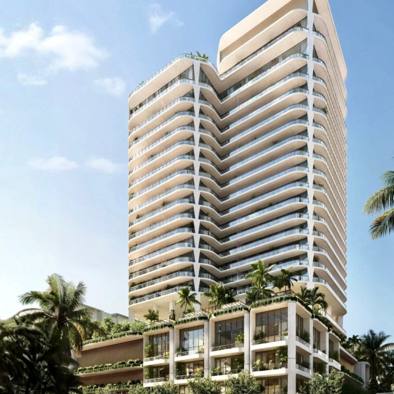 A scenic view of the streetscape and modern architecture highlighting West Palm Beach Luxury Residences.
