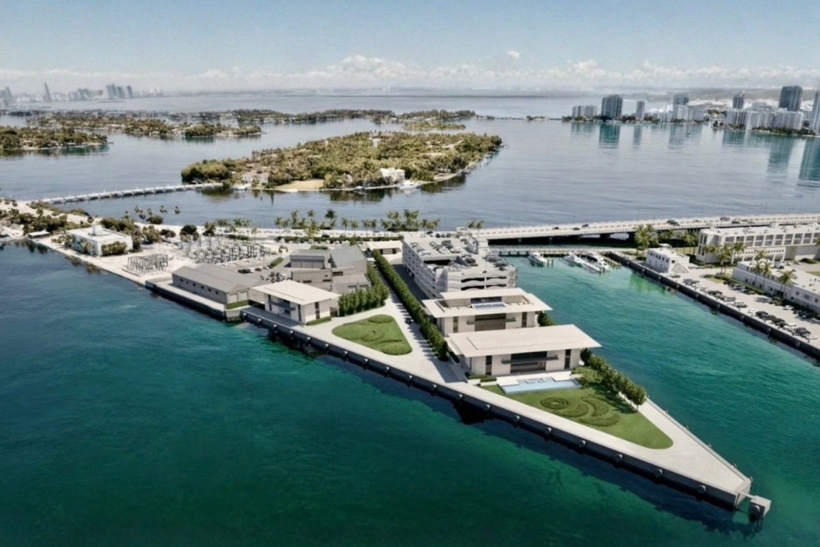 MacArthur Causeway in Miami Beach near luxury condo towers and waterfront waters.