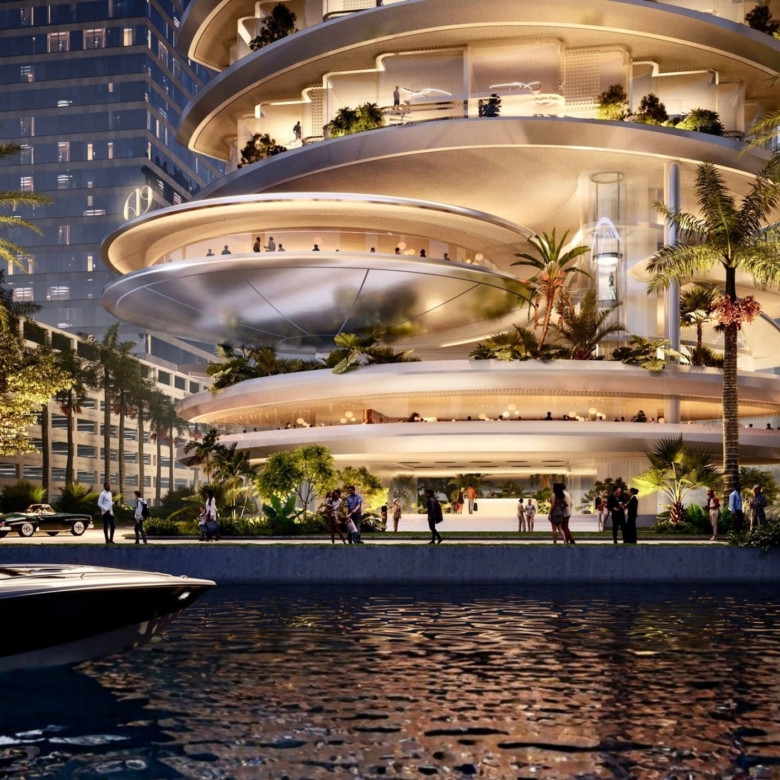 The Miami waterfront skyline in Brickell highlighting the area surrounding the proposed Brickell luxury condo tower site.